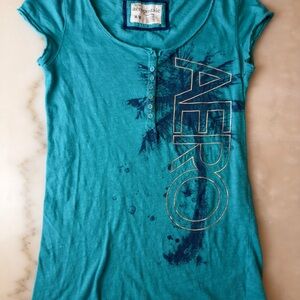 Aeropostale Teal Short Sleeve Henley Graphic Tee